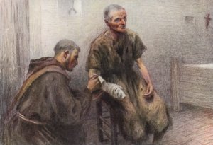 Broder Bentivoglia tar hand om en spetälsk (färglitografi)