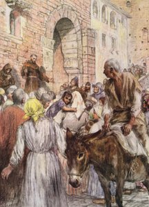 Den helige Franciskus predikar i Bologna (färglitografi)