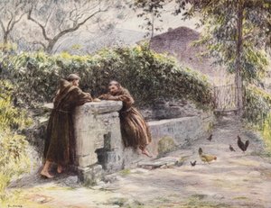 Den helige Franciskus och broder Masseos måltid vid fontänen, den helige Franciskus prisar fattigdomen (färglitografi)