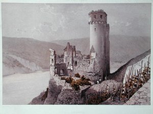 Schloss Ehrenfels i Rhendalen, ca 1863 (färg litho) av Eugene (after) Ciceri