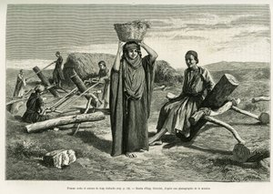 Arabisk kvinna och sågare av långa tio foulis. Gravyr av Eugene Girardet, för att illustrera historien A Suse