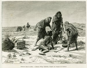 Gräv ner i sanden. Gravyr av Eugene Girardet, för att illustrera berättelsen Fem månader i Västsaharas nomadiska hedar, 1887, av Camille Douls, i le tour du monde 1888, under ledning av Edouard Charton (1807-1890), Hachette, Paris.