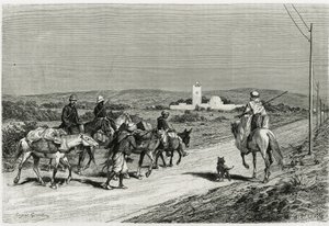 Vår trailer flyttar. Graverad av Eugene Girardet, för att illustrera berättelsen "" Voyage en Tunisie", av Rene Cagnat (1852-1937) historiker och Henri Saladin (1851-1923), arkitekt, beställd 1882-1883, av ministeriet för offentlig undervisning. Publicerad