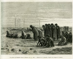 Moghreb-bönen i Sahara. Gravyr av J.Girardet, för att illustrera berättelsen Cinq mois chez les moures nomades du Sahara occidental, 1887, av Camille Douls, i le tour du monde 1888, under ledning av Edouard Charton (1807-1890), Hachette, Pa