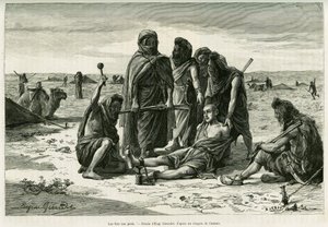 Den kommer att gå på fötterna. Gravyr av Eugene Girardet, för att illustrera historien Cinq mois chez les moures nomades du Sahara occidental, 1887, av Camille Douls, i le tour du monde 1888, under ledning av Edouard Charton (1807-1890), Hachette, Paris.