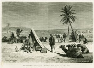 Resenärsläger i närheten av Tozeur. Gravyr av Eugene Girardet för att illustrera berättelsen Voyage en Tunisie, av R.Cagnat och H.Saladin, i le tour du monde 1886, regisserad av Edouard Charton (1807-1890), Hachette, Paris.