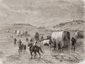 Ett vagnståg på väg västerut på 1860-talet, graverat av Stephane Pannemaker (1847-1930)