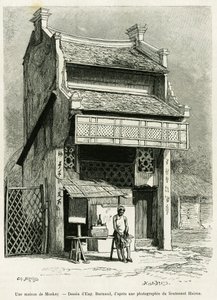 Ett Monkay-hus. Gravyr av Eugene Burnand, för att illustrera historien Sur les frontières du Tonkin, av doktor P.Neiss, i le tour du monde 1888, regisserad av Edouard Charton (1807-1890), Hachette, Paris. av Eugene Burnand
