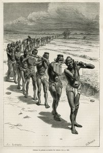 Kolonn av bärare genom risfälten, mellan Bassac och Hue, etsad efter en teckning av Eugene Burnand, för att illustrera historien om Laos och de vilda befolkningarna i Indokina, av Dr. Harmand, 1877, publicerad i tour du monde, under det direkta av Eugene Burnand