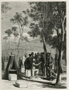 Dr. Harmand genomför en antropologisk mätning av den inhemska Khas, en Attopeu (Laos), gravyr av Eugene Burnand, för att illustrera historien om Laos och de vilda befolkningarna i Indokina av Dr. Harmand, 1877, publicerad i tour du monde, under av Eugene Burnand