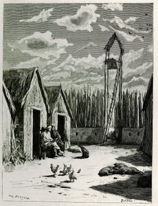 Missionstorget i Meuong Ngan. Gravyr av Eugene Burnand, för att illustrera berättelsen "Resan i övre Laos", 1880, av Dr. P.Neis. Publicerad i Le Tour du monde, nouveau journal des voyages, 2:a terminen 1885, redigerad av Edouard Charton (1807-1890), red. av Eugene Burnand