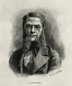 Porträtt av Dr Harmand, gravyr av Eugene Burnand, för att illustrera historien om Laos och de vilda befolkningarna i Indokina av Dr Harmand, 1877, publicerad i tour du monde, under ledning av Edouard Charton av Eugene Burnand