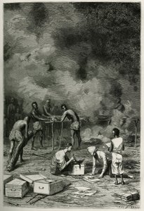 Torkning av herbarieväxter, på stora bambuleror, innan läkaren klassificerar dem och lagrar dem i sina lådor, graverad av Eugene Burnand, för att illustrera historien om Laos och de vilda populationerna i Indokina av doktor Harmand, 1877, publicerad av Eugene Burnand