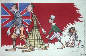 Vykort med en karikatyr av en brittisk familj