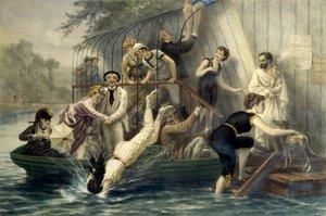 Ah! Det vackra huvudet, en söndag vid vattnet. Kvinna dyker i en baddräkt i vattnet på 1800-talet under skratt från roa sjömän. En kvinna i en båt skyddar sig från repor med sitt paraply. Gravyr av Eugene Guerard (1821-1866). Pr