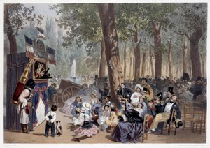 Showen av guignolerna på Champs Elysees i Paris på 1800-talet. Tryck av Eugene Guerard (1821-1866) 1800-talets Paris, Musee Carnavalet