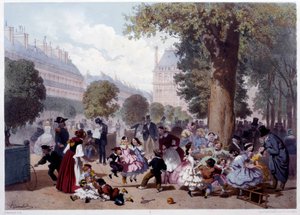 Utsikt över allee des foliants aux Tuileries i Paris Barn, dagis och vandrare. Tryck av Eugene Guerard (1821-1866) 1856 Paris, Musee Carnavalet