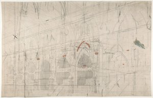Design för en scenuppsättning på Opéran, Paris: Kyrkans inre, 1830-90. av Eugene Ciceri