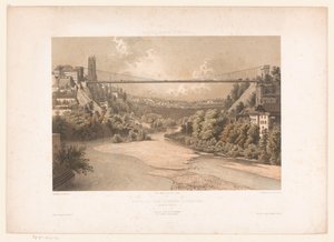 Gezicht op de hangbrug over de Sarine, te Fribourg Schweiz Savojen och Tyrolen / Profil av hängbron i Fribourg (kanton Fribourg) (titel på objekt)