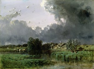 Hamlet vid kanten av en damm, 1849 av Eugene Ciceri