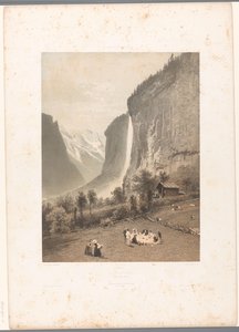 Picknick med utsikt över vattenfallet Staubbach Le Staubbach (titel på objekt) La Suisse et la Savoie (serietitel) Ansikten i Schweiz och Savoy (serietitel på objekt) av Eugene Ciceri