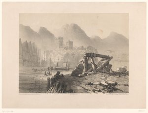 Stadsbild med hamn och berg av Eugene Ciceri