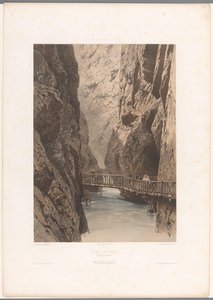 Vandrare på en bro genom Trientschlucht Gorge de Trient (titel på objekt) Ansikten i Schweiz, Savojen och Tyrolen (serietitel) La Suisse, la Savoie et le Tyrol (serietitel på objekt)