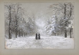 Vinterscen med två män, 1830-90. av Eugene Ciceri