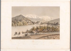 Utsikt över Saint-Martin-sur-Arve från Mont Blanc St. Martin och Mont-Blanc (titel på objekt) Gezichten i Schweiz, Savoy in Tirol (serietitel) Schweiz, Savojen och Tyrolen (serietitel på objekt) av Eugene Ciceri