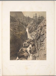 Zicht op de Bérard-waterval Översikt över Cascade de Bérard (titel på objekt) Gezichten i Schweiz, Savoy in Tirol (serietitel) Schweiz, Savojen och Tyrolen (serietitel på objekt) av Eugene Ciceri
