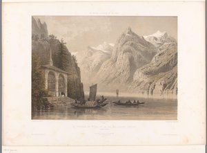 Utsikt över Tells-kapellet vid Luzernsjön La Chapelle de G.me Tell et le lac des Quatre-Cantons (titel på objekt) Visningar i Schweiz, Savojen och Tyrolen (serietitel) La Suisse, la Savoie et le Tyrol (serietitel på objekt) av Eugene Ciceri