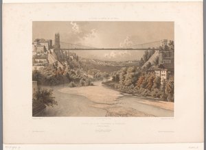 Vy över den stora hängbron i Fribourg Profile du pont suspendu à Fribourc (titel på objekt) Sevärdheter i Schweiz, Savojen och Tyrolen (serietitel) La Suisse, la Savoie et le Tyrol (serietitel på objekt)