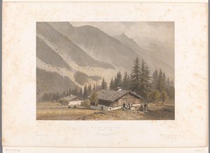 Utsikt över Jacques Balmats hus nära Chamonix Maison de Jacques Balmat (titel på objekt) Visningar i Schweiz, Savojen och Tyrolen (serietitel) La Suisse, la Savoie et le Tyrol (serietitel på objekt)