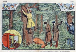 En T.S.F. Företaget installerar mikrofoner i skogarna och fälten för att spela in och sända fågelsång. Illustration av Damblans i "" Le Pelerin"" av den 21 maj 1933. av Eugene Damblans