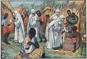 Om invigningen, på Lateranpalatset, i Rom, av de vita systrarnas museer i en by i Ekvatorialafrika där de katekes och vårdar de sjuka. Illustration av Damblans. I "" Le Pelerin"" den 29 januari av Eugene Damblans