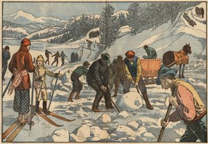 Alpinvånare samlar isblock på vintern för sommaren. I bakgrunden utövar män vintersport. Illustration av Damblans. I "" Le Pelerin"" den 18 december av Eugene Damblans