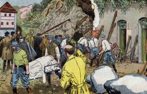 Kroppen av den amerikanske generalen Dunlop död för att han räddade Mrs Briant under kollaps av uthus på slottet Fariniere (Frankrike) teckning av Damblans från fransk tidning "Le Pelerin" 7 juni av Eugene Damblans
