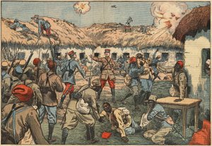 Kolonialtrupper låste upp Aoulay (Aoulai)-posten i Marocko under kapten Duboin. Illustration av Damblans. I "" Le Pelerin"" den 7 juni av Eugene Damblans