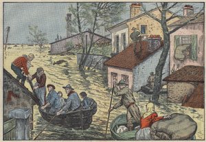 Översvämningar i Louisiana (USA): Inför Mississippis hotande vågor tvingas bönder och fångstmän överge sina hem och åkrar. Illustration av Damblans. I "" Le Pelerin"" den 15 maj av Eugene Damblans