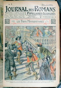 Framsidan av en serialisering av De tre musketörerna av Alexandre Dumas pere (1803-70) från Journal des Romans Populaires Illustres, 1905