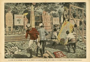 Illustration av Eugene Damblans (1865-1945) i Le Pelerin, 03/09/05 - Japanerna gör ett gigantiskt anspråk på sin industris produkter längs järnvägslinjer med affischer i olika former - Reklam, Japan, Järnvägståg, Affischer Affischer av Eugene Damblans