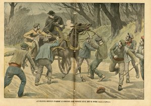Illustration av Eugene Damblans (1865-1945) i Le Pelerin, 31/01/04 - Jordbruksgrevister attackerar registratorn av en fastighet tillhörande M. Sere de Riviere - Socialt, Olika fakta, Greve, Transport, Jordbruk, Skog, Caleche Fiacre Cab - Arbetare, Hästhäst av Eugene Damblans