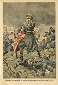 Illustration av Eugene Damblans (1865-1945) i Le Pelerin, 01/01/05 - En rysk korpral som river en japansk flagga framför Port Arthur - Ryssland, Japan, Port Arthur, rysk-japanska kriget, strider, gevär - soldater, Korpral av Eugene Damblans