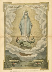 Illustration av Eugene Damblans (1865-1945) i Le Pelerin, 04/12/04 - Maria immaculee visar sig för världen och ger räddning till den - Religion Tro, katolsk katolicism - Obefläckad befruktning - Maria, drake - Moln - Jorden av Eugene Damblans