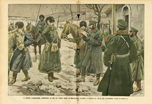 Illustration av Eugene Damblans (1865-1945) i Le Pelerin, 05/03/05 - General Kuropatkin, överbefälhavare för den ryska Armeen i Manchuriet, tar emot rapporten från en av hans löjtnanter - Ryssland, Armeen, Manchuriet, Ryssland -Japanska kriget, snö - Gener