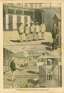 Illustration av Eugene Damblans (1865-1945) i Le Pelerin, 07/05/05 - Några scener från bagnes liv - Fängelser, Bagnes, Arbetsstyrkor - Fångar, Fängelsevakter av Eugene Damblans