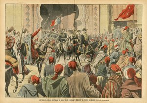 Illustration av Eugene Damblans (1865-1945) i Le Pelerin, 20/10/07 - Högtidlig ingång till Palais de Rabat av Mr. Regnault, Frankrikes minister i Marocko - Kolonisering Kolonialism Kolonier, Arkitektur Urbanisme, Marocko, Officiellt besök - Regnault Euge av Eugene Damblans