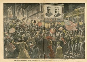 Illustration av Eugene Damblans (1865-1945) i Le Pelerin, 20/11/04 - I New York hejar folkmassan på USA:s omvalda president och vicepresidenten, vars transparenta återger funktionerna - Amerika USA, val, arkitektur Urbani av Eugene Damblans