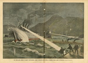 Illustration av Eugene Damblans (1865-1945) i Le Pelerin, 21/02/04 - Japanska torpedangrepp ryska fartyg före krigsförklaringen före krigsförklaringen - Ryssland, Japan, Maritime Marine Seaside, Port Arthur, rysk-japanska kriget , Krigsskepp av Eugene Damblans