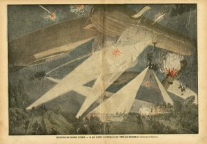 Illustration av Eugene Damblans (1865-1945) i Le Pelerin, 24/11/07 - Ett avsnitt av framtida krig - Vilka kommer att bli striderna i luftskeppens tid - Krig, Ballonger luftskepp zeppelinare aerostation, Nocturne, Fighting av Eugene Damblans